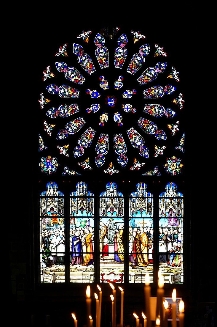 France, Finistere, Le Folgoet, Notre Dame du Folgoet basilica, stained glass of the Cross chapell