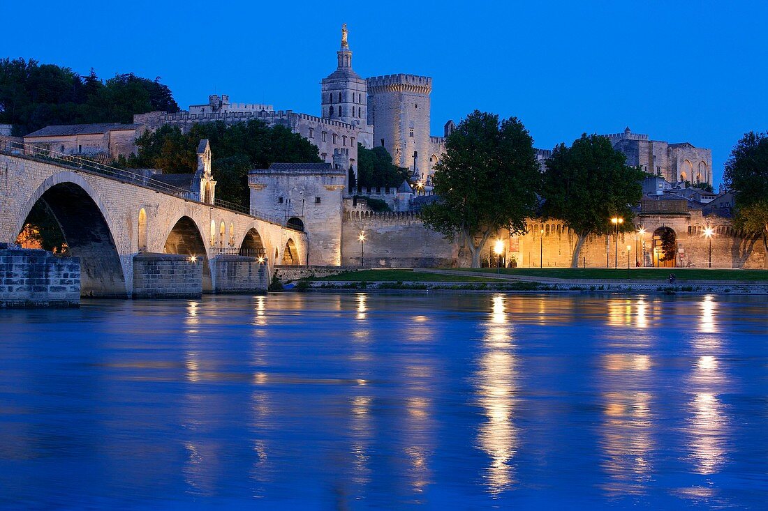 France, Vaucluse, Avignon, Saint Benezet Bridge (12th century) on the Rhone and the Cathedral of Doms (12th century) listed as World Heritage by UNESCO