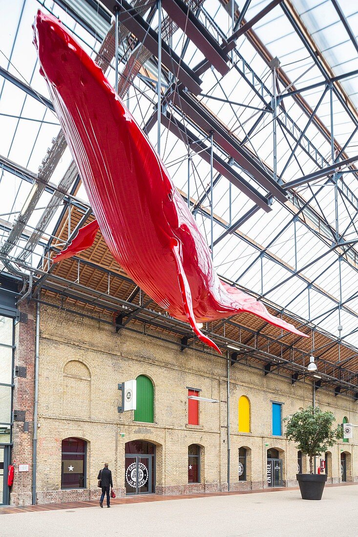 France, Seine Maritime, Le Havre, Docks Vauban shopping center housed in the former warehouses of the 19th century the port and designed by architects Reichen & Robert Associes inauguration in 2009, representing a sculpture of whaile artist Pascal Haudressy