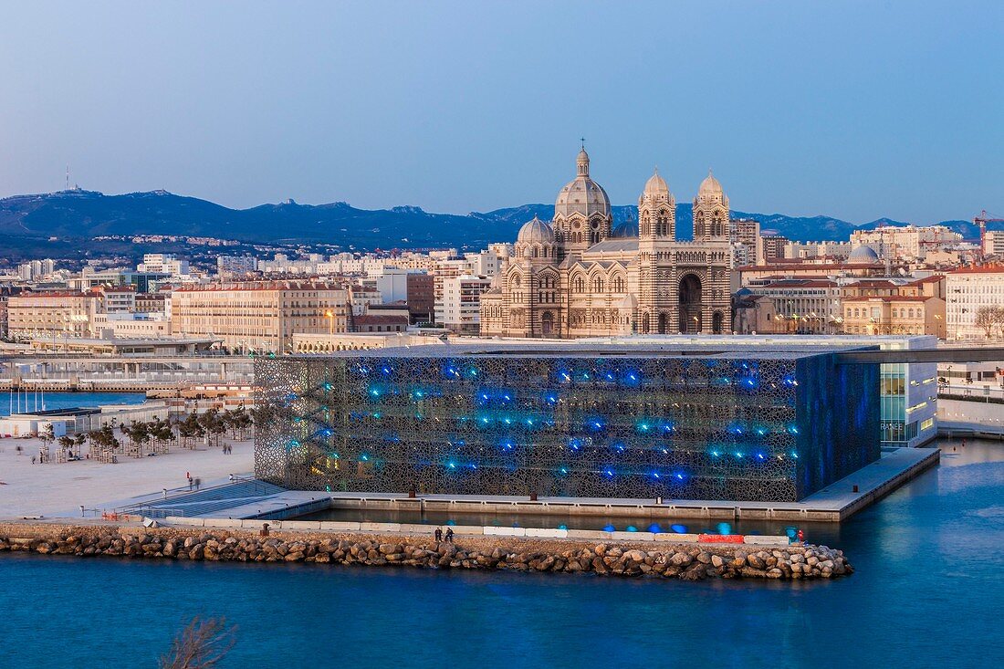 France, Bouches du Rhone, Marseille, the mole J4, MuCEM (Europe Civilizations Museum and the Mediterranean) by architect Rudy Ricciotti and the Major basilica