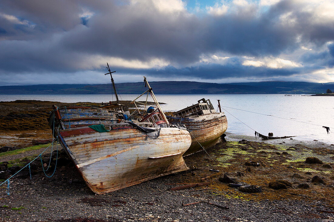 Old fishing boats at Salen, Isle of Mull, Inner Hebrides, Scotland, United Kingdom, Europe