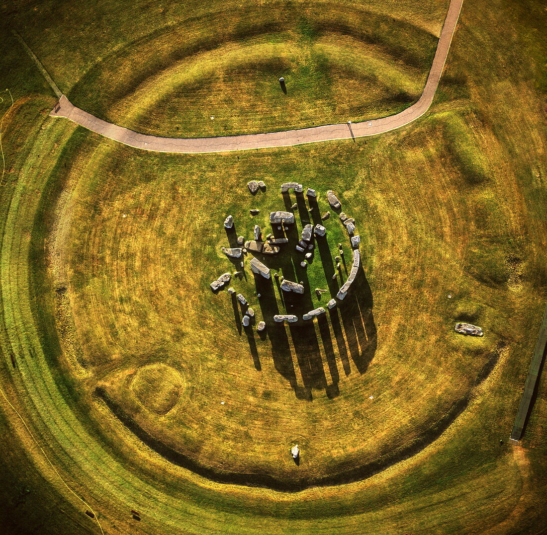 Aerial image of Stonehenge, prehistoric monument and stone circle, UNESCO World Heritage Site, Salisbury Plain, Wiltshire, England, United Kingdom, Europe