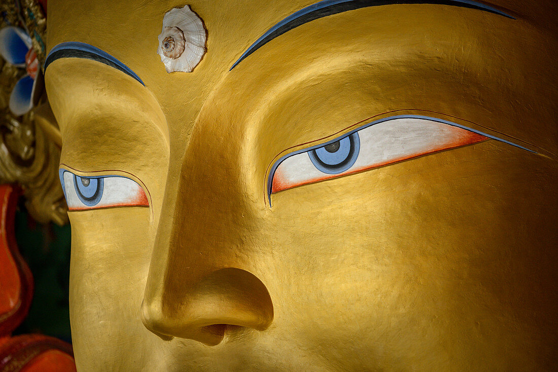 Detail of the statue of the Maitreya (future Buddha) installed to commemorate the visit of the 14th Dalai Lama to the monastery, Thiksey Gompa, Ladakh, Himalayas, India, Asia