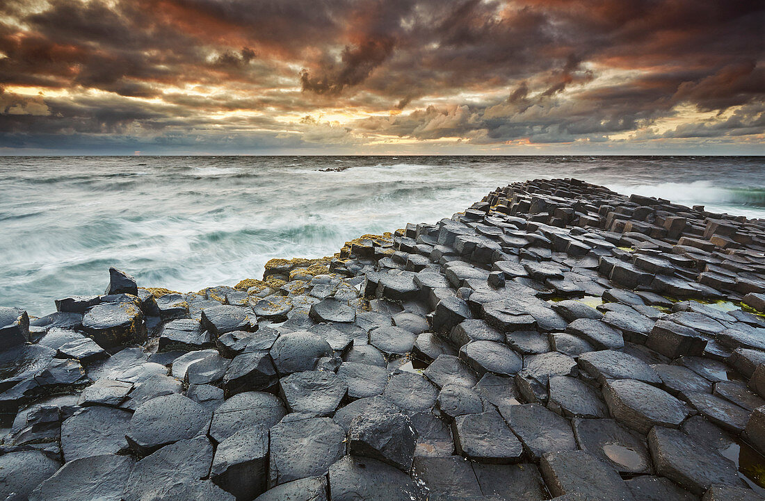 An evening view of the Giant's Causeway, UNESCO World Heritage Site, County Antrim, Ulster, Northern Ireland, United Kingdom, Europe