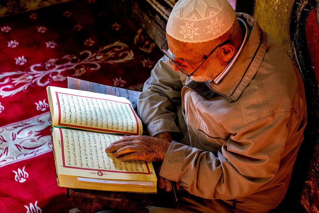 Mazedonischer Muslim liest den Koran, die Pascha-Moschee, die Bunte Moschee von Tetovo, Republik Mazedonien, Europa