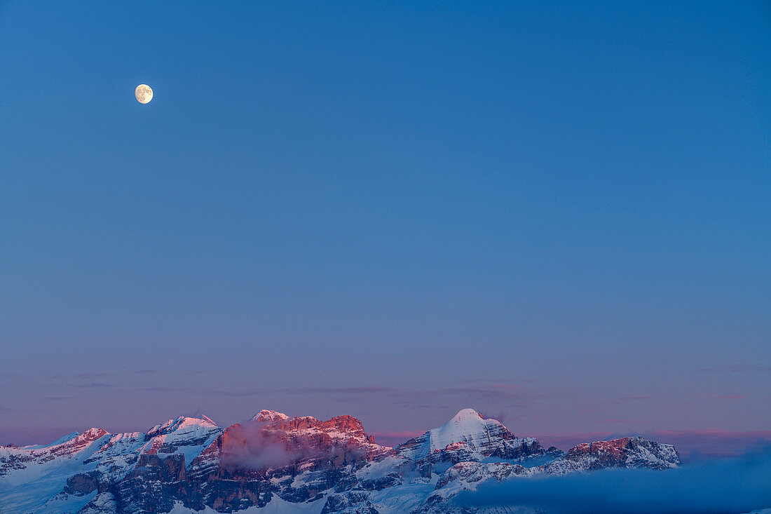 Moon over the Fanesgruppe in the last light, Dolomites, Dolomites World Heritage Site, South Tyrol, Italy