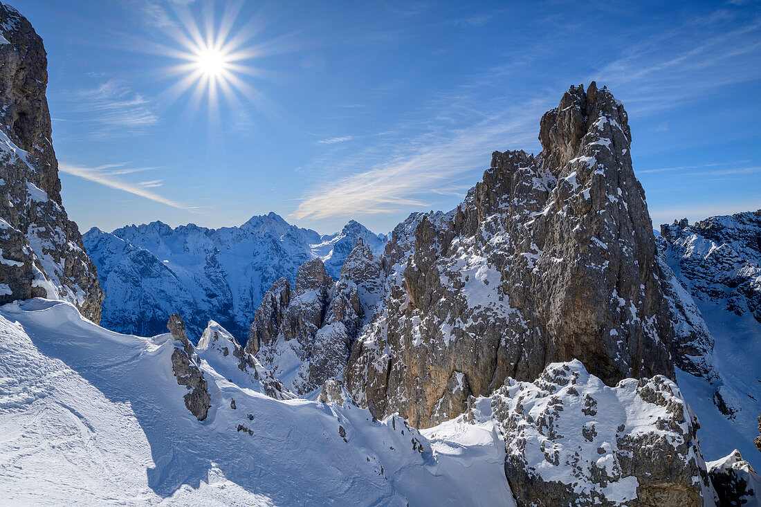 View from the Forcella del Nevaio to the Marmarole Group, Cadini Group, Dolomites, Dolomites World Heritage Site, Veneto, Veneto, Italy