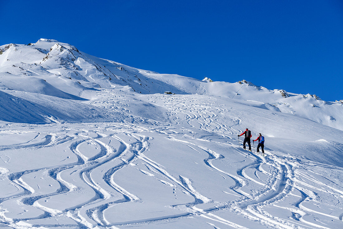 Man and woman on ski tour ascend to Niederjochkogel, Niederjochkogel, Kitzbüheler Alpen, Tyrol, Austria