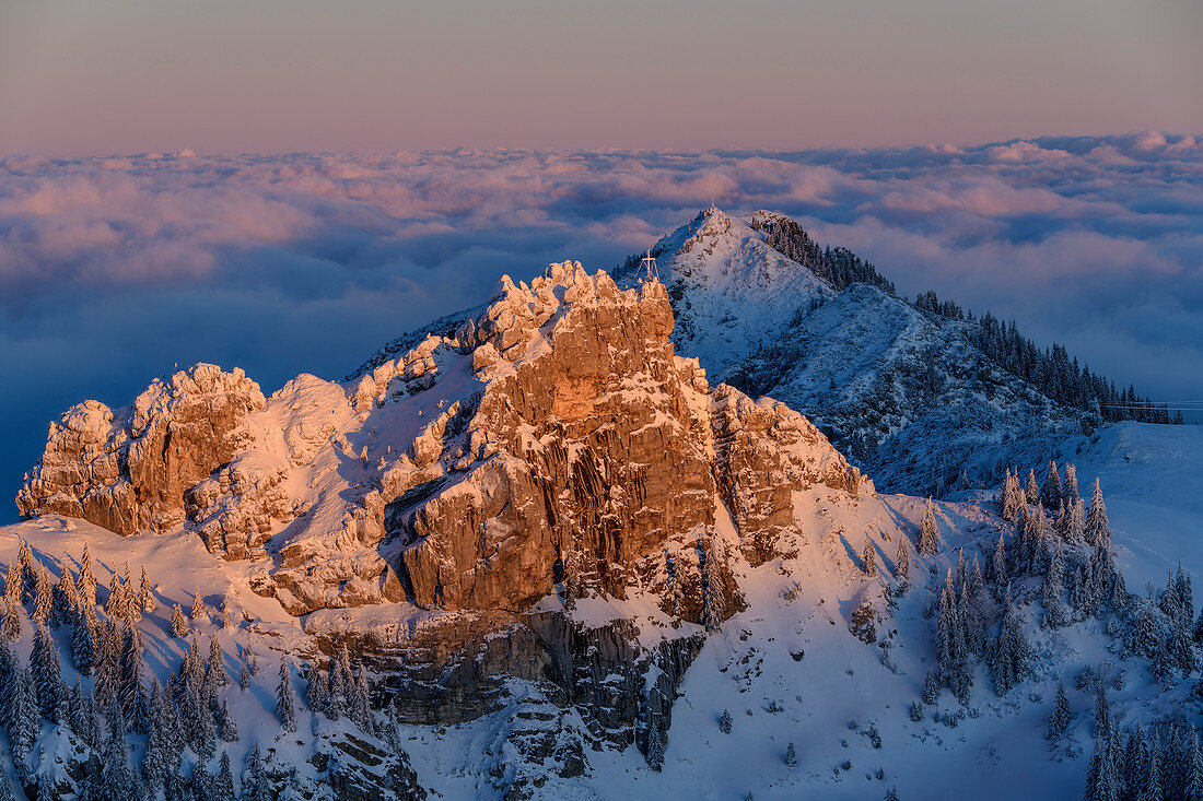 Alpenglow on the Kesselwand and Wildalpjoch, sea of fog in the background, from the Wendelstein, Mangfall Mountains, Bavarian Alps, Upper Bavaria, Bavaria, Germany