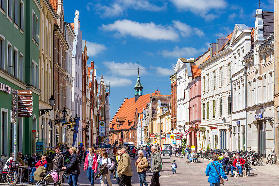 Lübsche Strasse, view from east toward west, at the end of the street roof of Heiligen Geist church , Wismar stadt, Mecklenburg–Vorpommern, Germany.