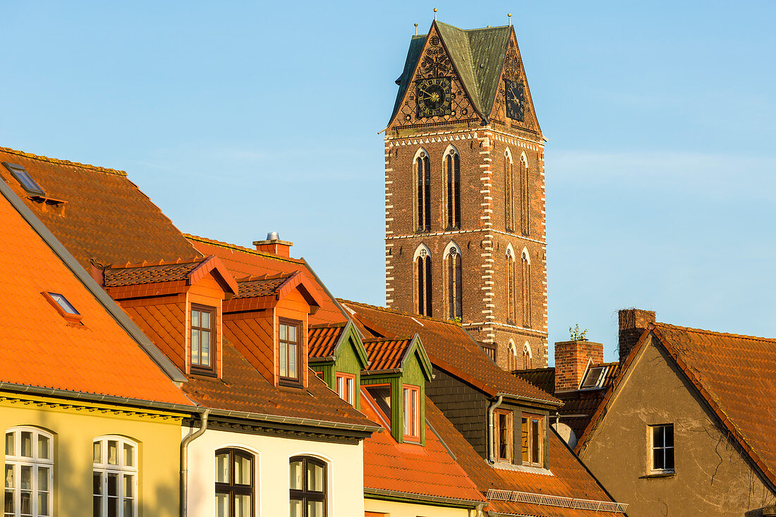 Tower of  St. Maryâ€™s church (Marienkirche), the church was heavy bombarded during 2nd WW, view from northâ€“east. Wismar stadt, Mecklenburgâ€“Vorpommern, Germany.