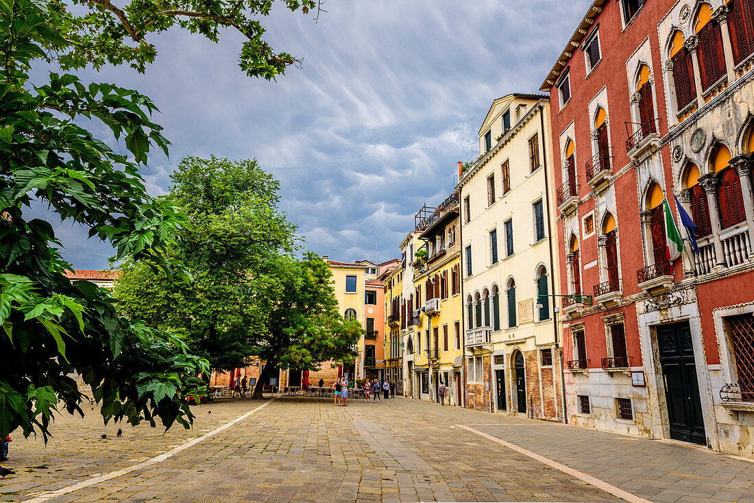 Wide square with colorful house facades in the San Polo district, Venice, ItalyVenice, Italy