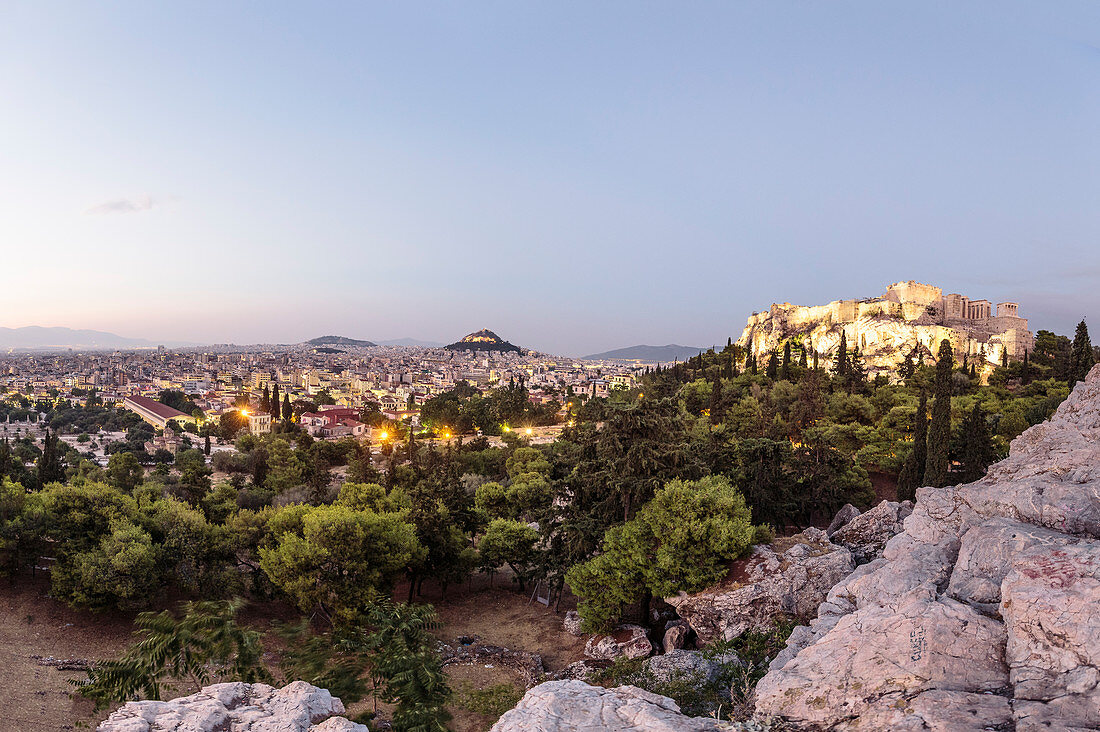 Evening mood at Areopag, Marsh Hills, with a view of the Acropolis, Athens, Greece