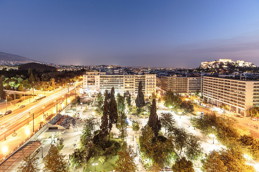 Syntagma Square, seen from the Hotel Grande Bretagne, on the right the Acropolis, Athens, Greece