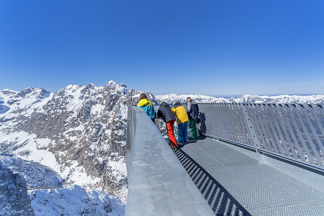 Viewing platform AlpspiX at Osterfelderkopf in the Wetterstein Mountains with a view of Waxenstein (2,277 m) and beyond the Ammergau Alps, Grainau near Garmisch-Partenkirchen, Werdenfelser Land, Upper Bavaria, Bavaria, Southern Germany, Germany, Europe