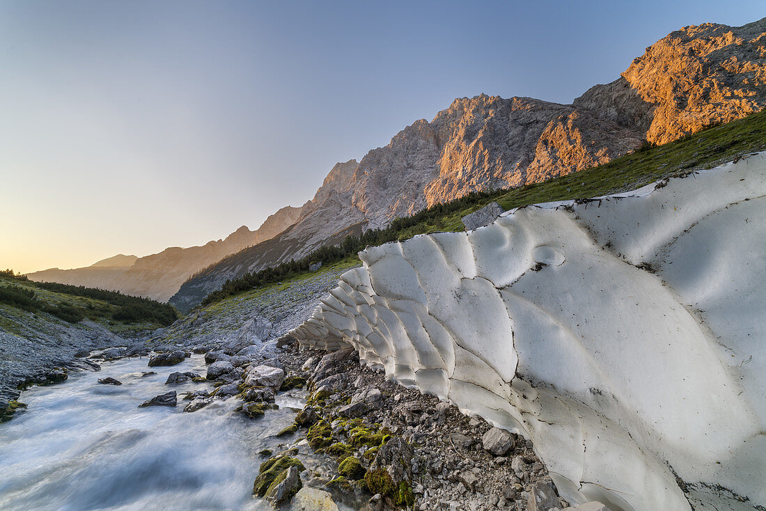 Ice field in the Reintal on the Partnach, Garmisch-Partenkirchen, Wetterstein Mountains, Werdenfelser Land, Upper Bavaria, Bavaria, Southern Germany, Germany, Europe