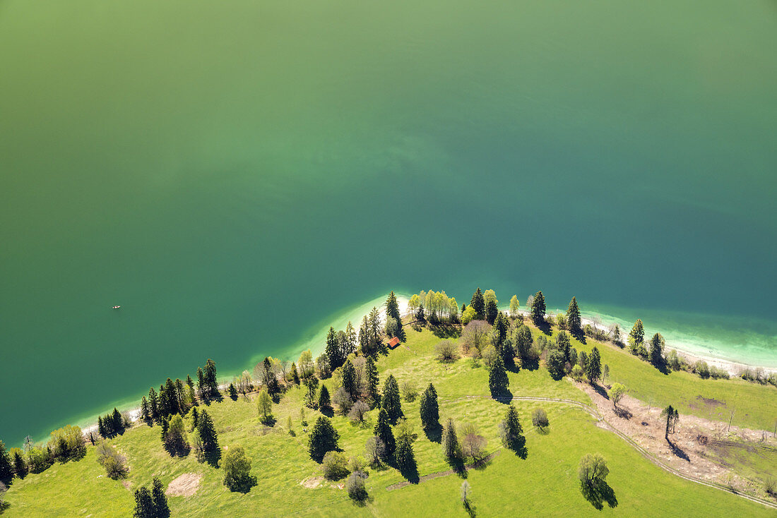 Flight over Lake Walchensee, Upper Bavaria, Bavaria, Southern Germany, Germany, Europe