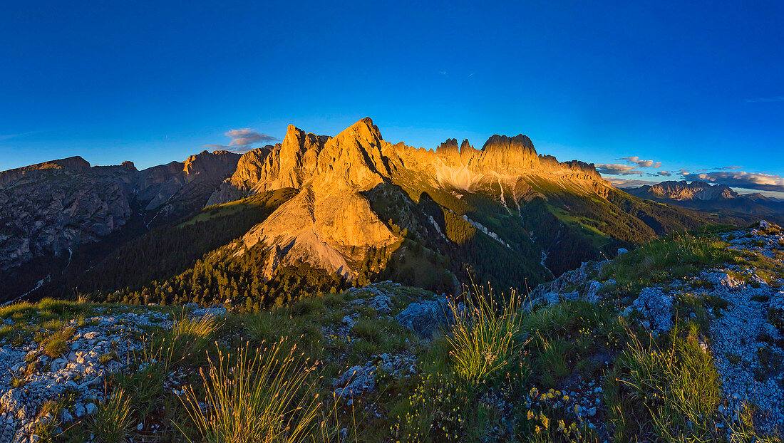 From Söllnspitz, view of the evening light of the Rosengarten group, UNESCO World Natural Heritage, in the South Triol Dolomites, Tiersertal, Italy