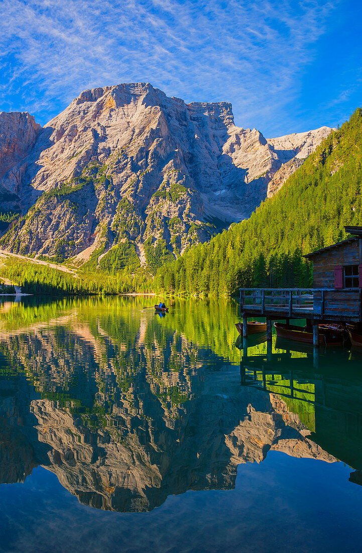 Lake Braies, natural monument and UNESCO World Heritage Site in the Braies Valley, South Tyrol, Italy