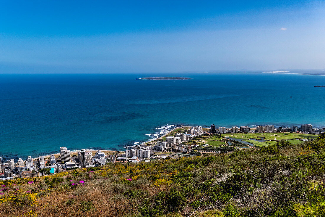 View from Signal Hill to Robben Island and Cape Town, South Africa, Africa