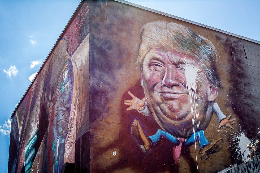 Wandmalerei mit der Darstellung des Amerikanischen Präsidenten Donald Trump, vandalisiert durch einem Farbklecks an der Wand eines Wohnungsgebäudes in Bushwick, Brooklyn, New York City, New York, Vereinigte Staaten, USA