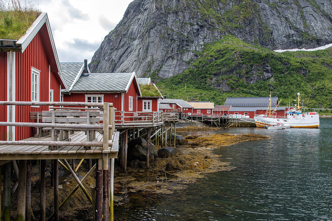 Traditionelle rote Holzhäuser, Dorf von Reine, Vestfjord, Lofoten, Norwegen