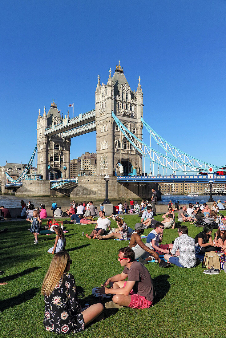Gruppe von Menschen, die auf dem Rasen vor der Tower Bridge sitzen, London, Grossbritannien, Europa