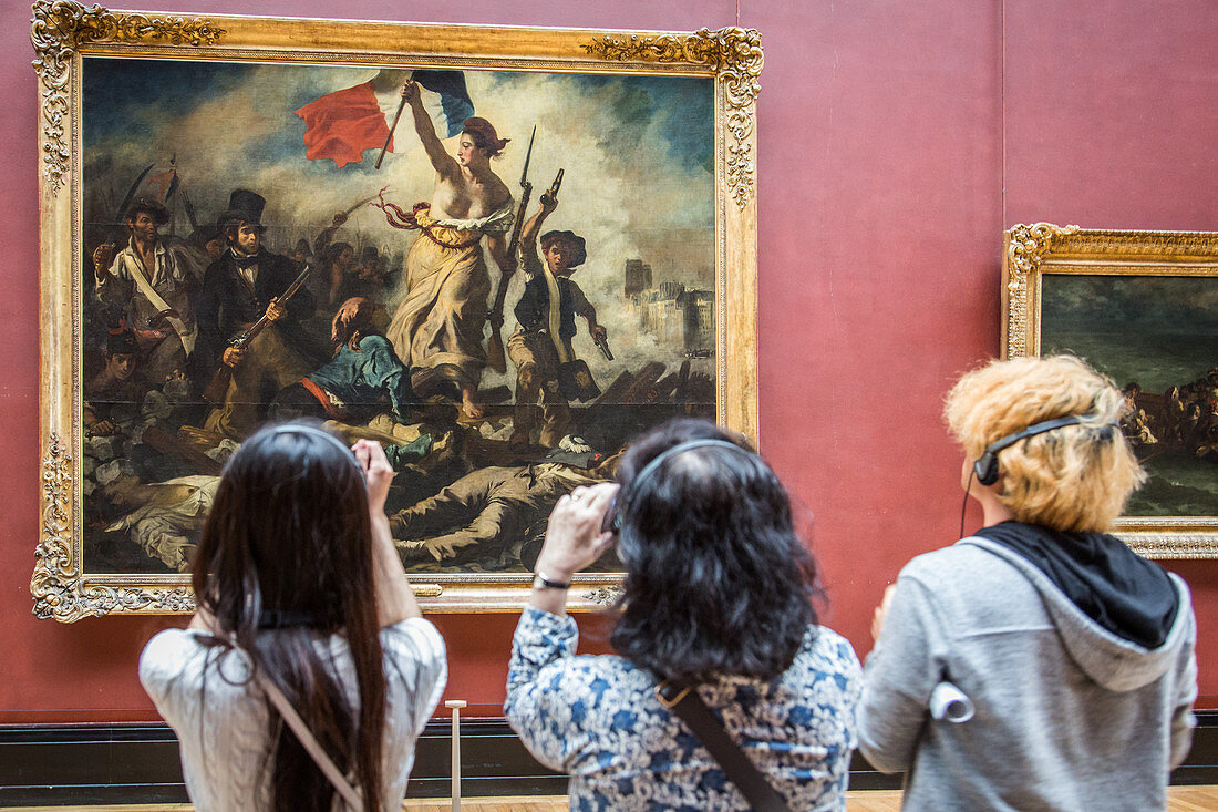 Die Freiheit führt das Volk' Gemälde von Eugène Delacroix, Louvre, Paris, Frankreich