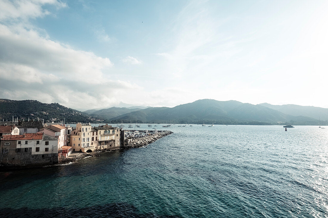 View from the Citadel / Citadella of Saint Florent, over the harbor, Corsica, France.