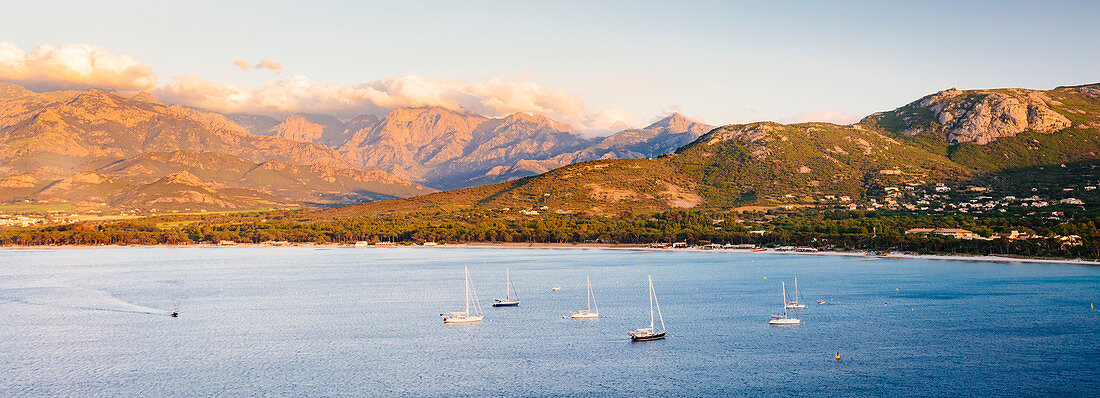 Blick von der Zitadelle in Calvi auf die Bucht von Calvi, Korsika, Frankreich