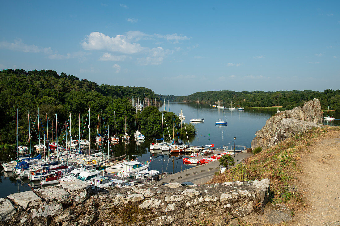 View from rocky coast down to the marina and the Vilaine river, La Roche-Bernard, Vilaine, Morbihan department, Brittany, France, Europe