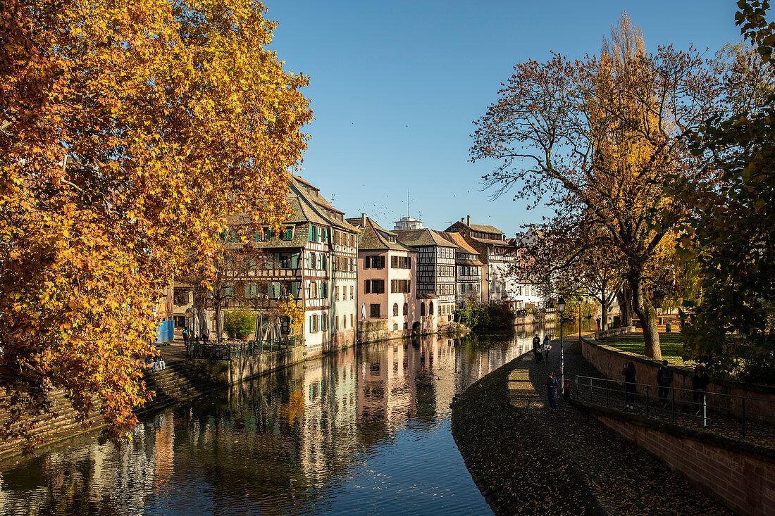 Traditional half-timbered houses on the canal in La Petite France district in autumn, Strasbourg, Alsace-Champagne-Ardenne-Lorraine, France, Europe