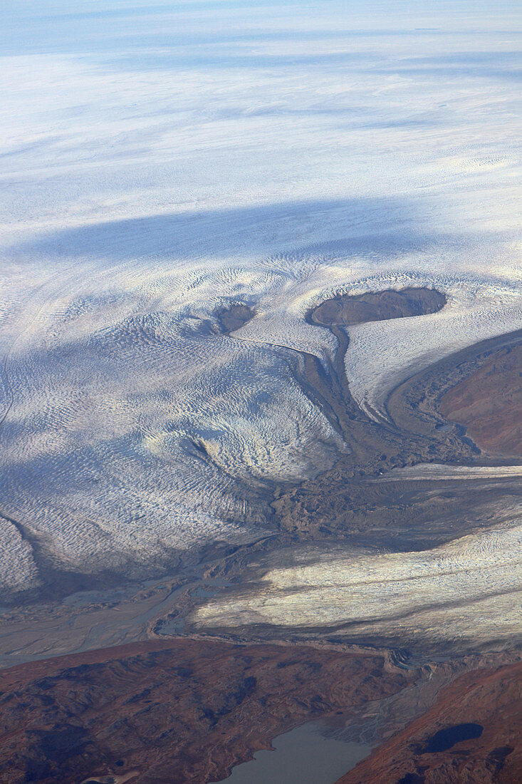 Ice sheet in West Greenland; taken from the airplane; Foothills of the inland ice; Glacier tongue pushes into a fjord;