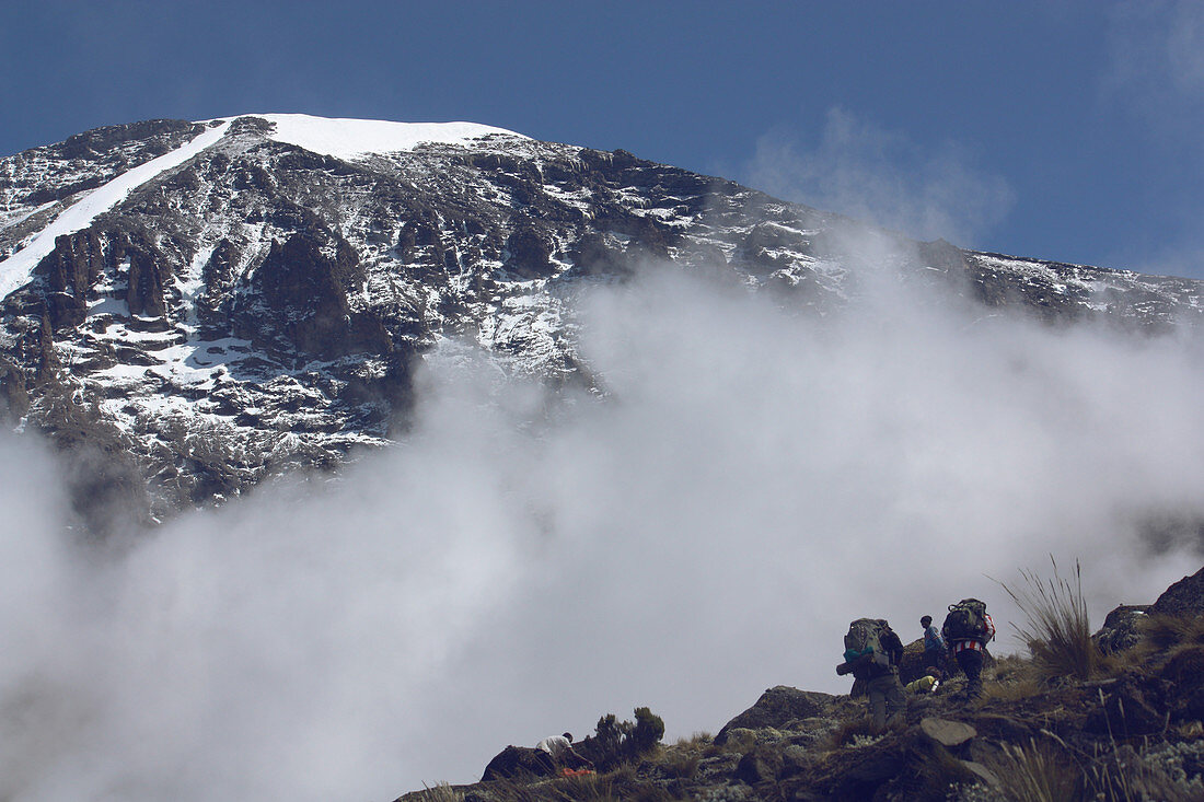 Ascent of Kilimanjaro on the Machame route; fifth stage between Barafu and Karanga Camp; summit