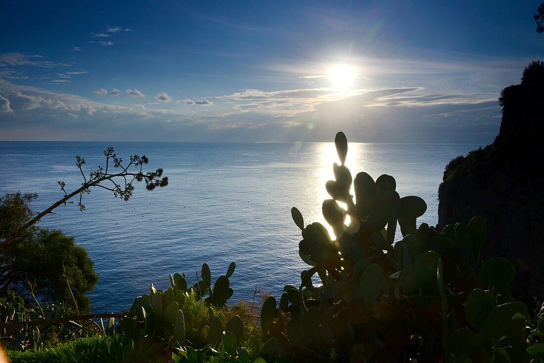 Sea with sun at the castle of Lipari, Aeolian Islands, southern Italy
