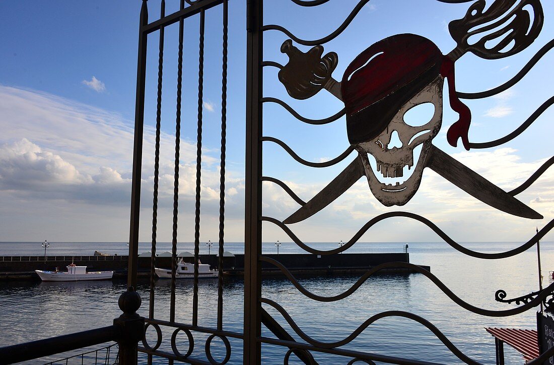 Pirate sign at the old port of Lipari, Aeolian Islands, southern Italy
