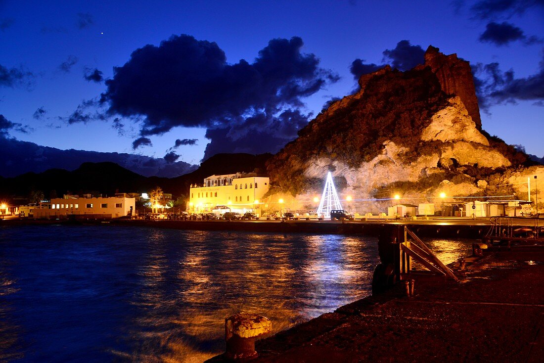 Sunset, evening at the port of Porto Levante on the island of Vulkano, Aeolian Islands, southern Italy