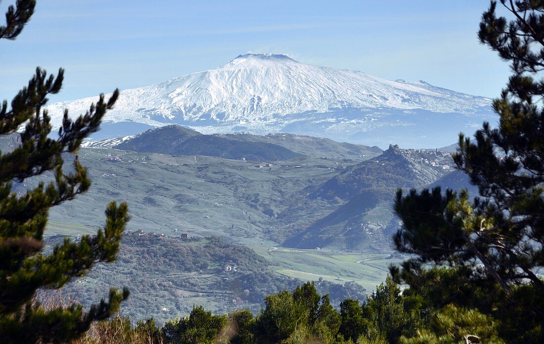 Landscape with a view of Mount Etna at Nicosia in the center, Sicily, Italy