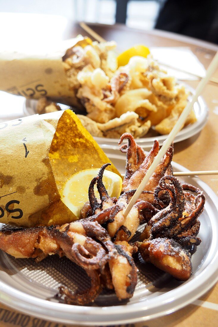 Pulpo deep fried and calamari deep fried, fish appetizer, Sicily, Italy