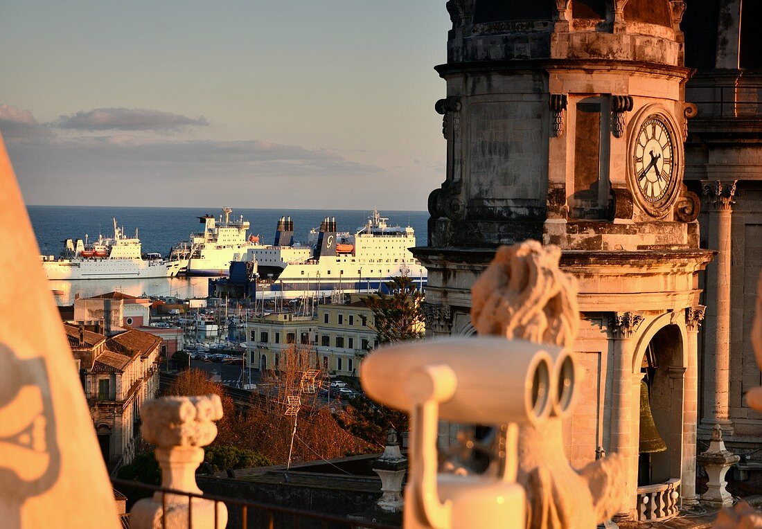 Church tower, ships, on the church of Santa Agata with a view of the harbor, Catania, east coast, Sicily, Italy