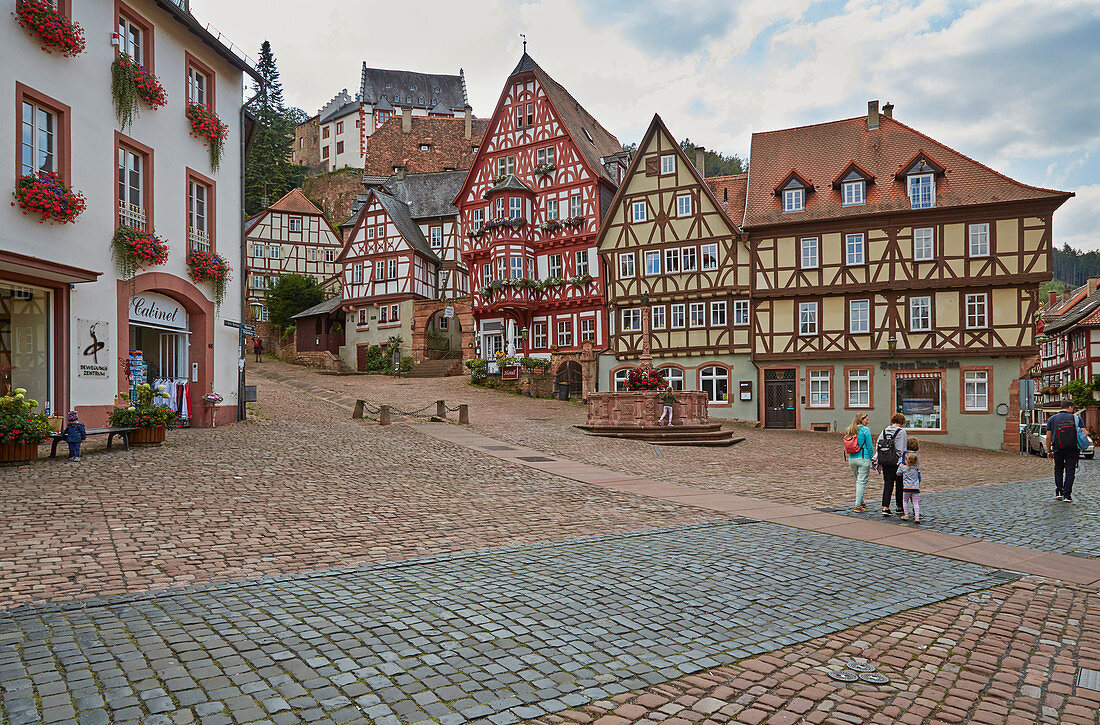 Market square with fountain and half-timbered houses, Miltenberg, Main, Lower Franconia, Bavaria, Germany, Europe