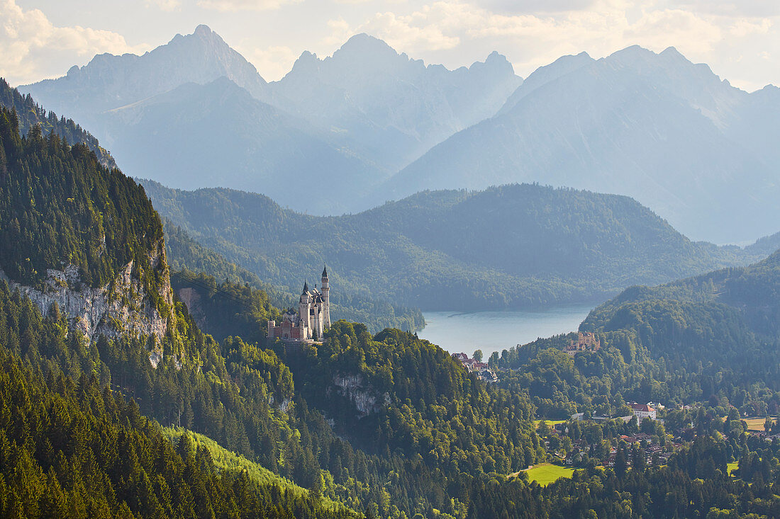 View of Neuschwanstein Castle, Hohenschwangau Castle, Alpsee, Schwangau Municipality, Ammer Mountains, Ostallg? U, Bavaria, Germany, Europe