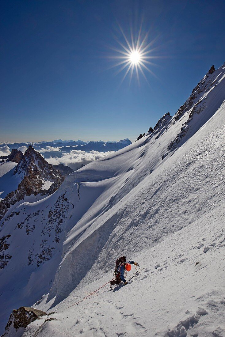 France, Haute Savoie, Chamonix, alpinist on the Migot ridge of the aiguille du Chardonnet(3824 m), Mont Blanc range