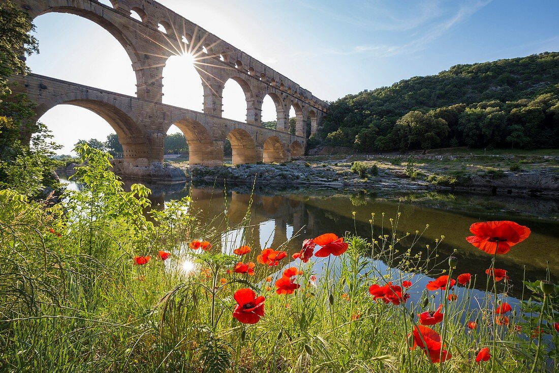 France, Gard, the Pont du Gard listed as World Heritage by UNESCO, Big Site of France, Roman aqueduct from the 1st century which steps over the Gardon