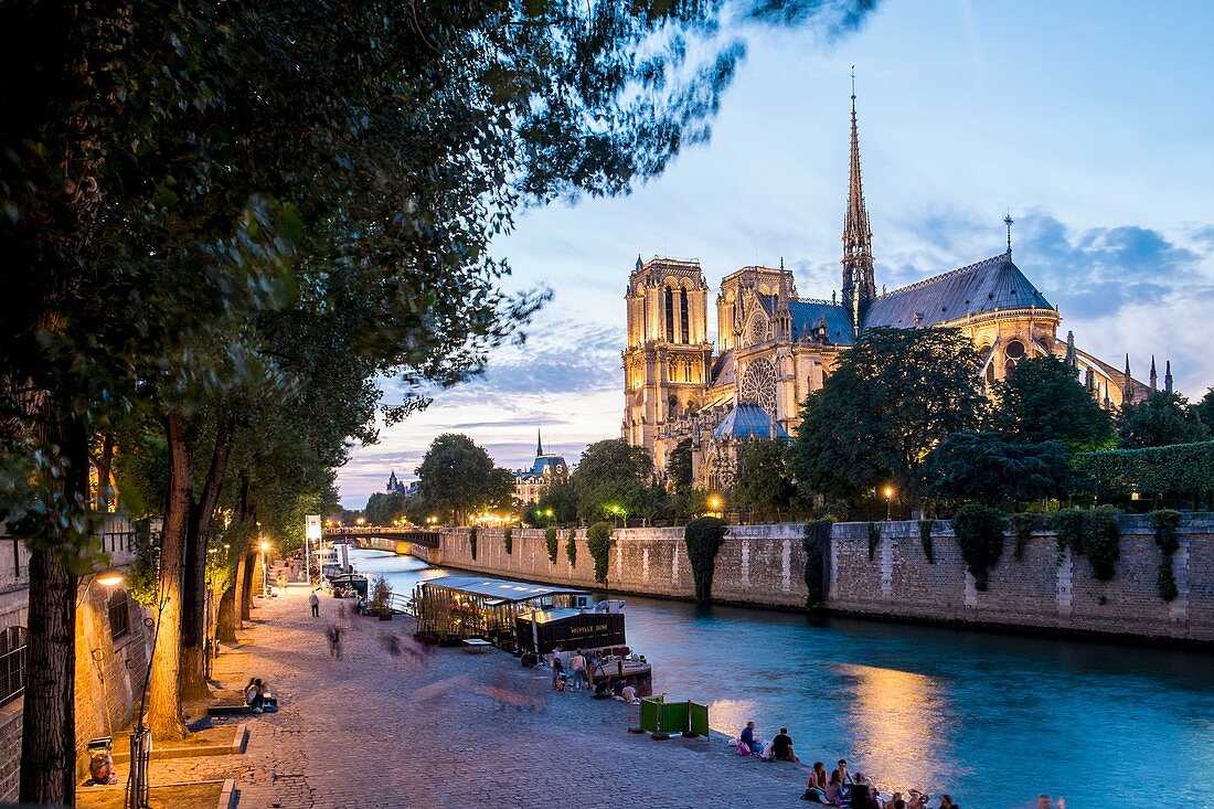 France, Paris, area listed as World Heritage by UNESCO, the Cathedral Notre Dame on the ile de la Cite and the quai de Montebello