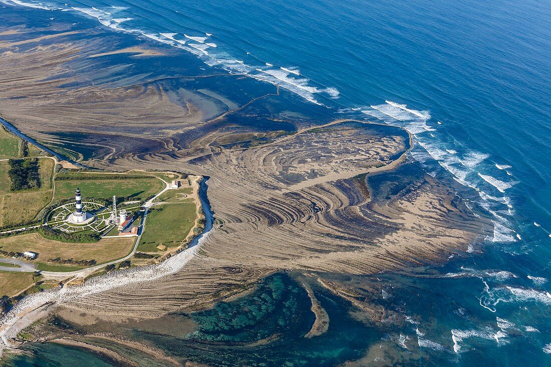 France, Charente Maritime, Saint Denis d'Oleron, Chassiron lighthouse and fishing traps (aerial view)