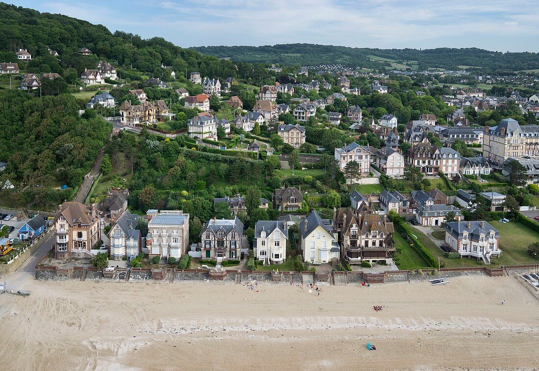 France, Calvados, Houlgate, beach and seaside villas (aerial view)