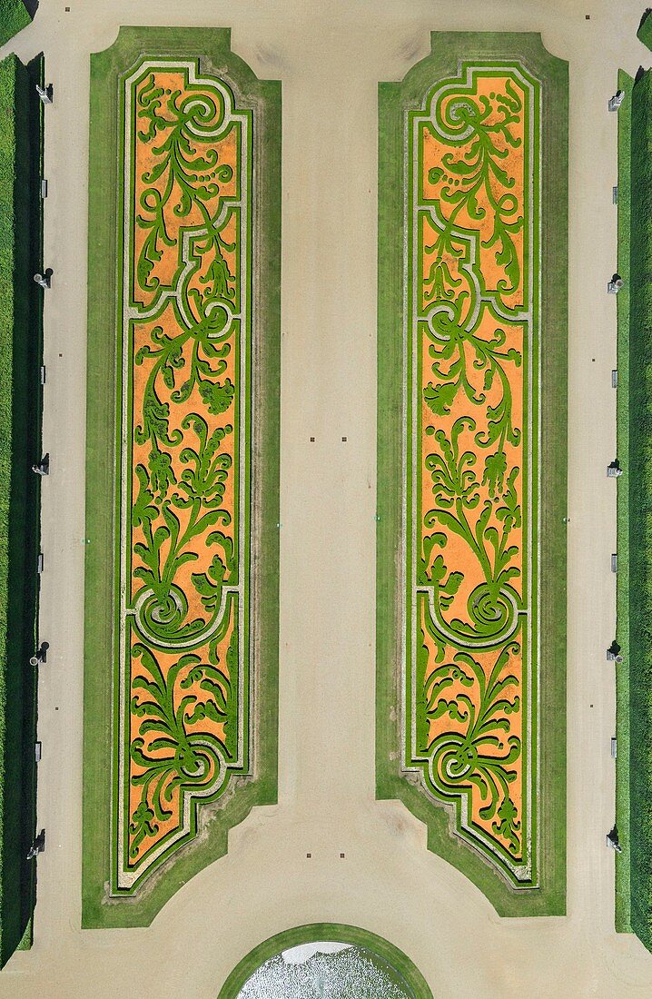 France, Eure, Le Neubourg, Chateau du Champ de Bataille, 17th century castle renovated by its owner, the interior designer Jacques Garcia, the Grand Axe and the Dentelles, embroidery boxwood (aerial view)