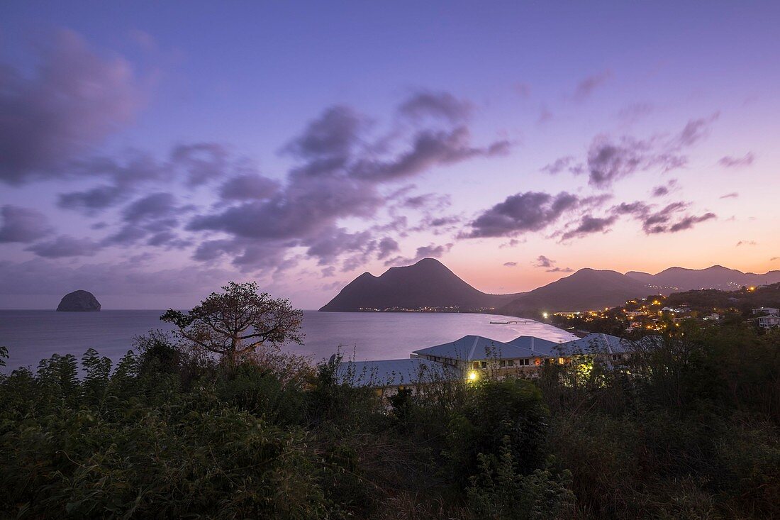 France, Martinique, Le Diamant, Grande Anse du Diamant, Diamant rock and Morne Larcher in the background at dawn