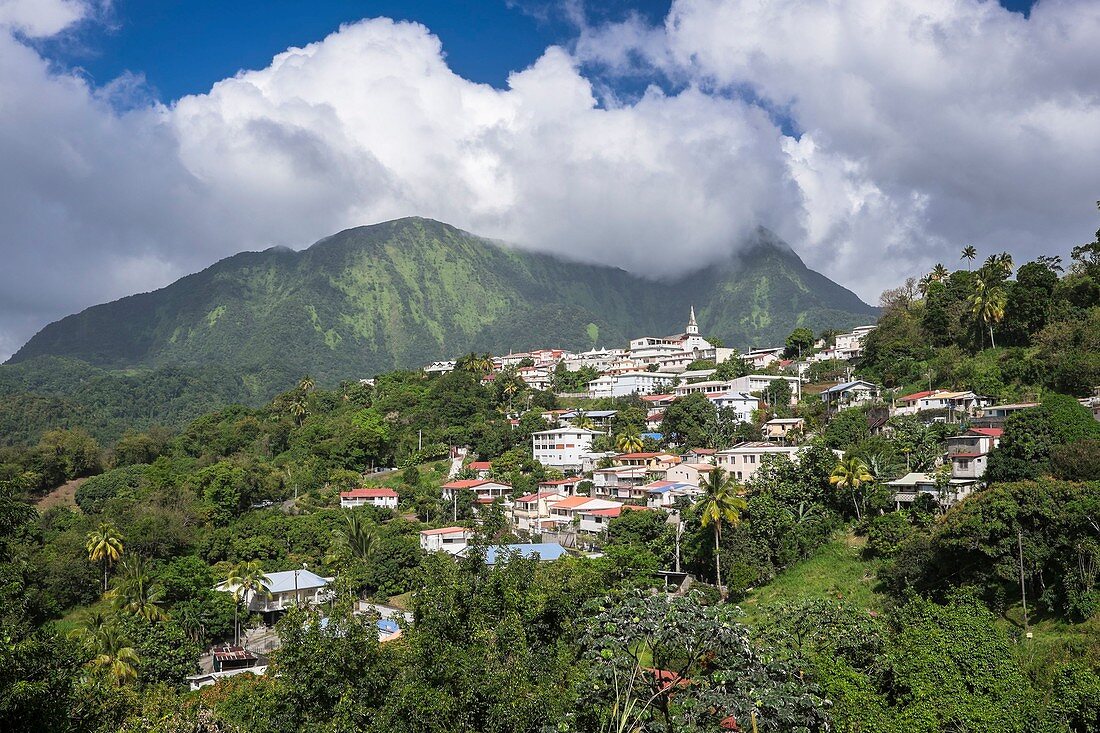 France, Martinique, Le Morne-Vert, village located on a ridge 400m above sea level, Pitons du Carbet in the background